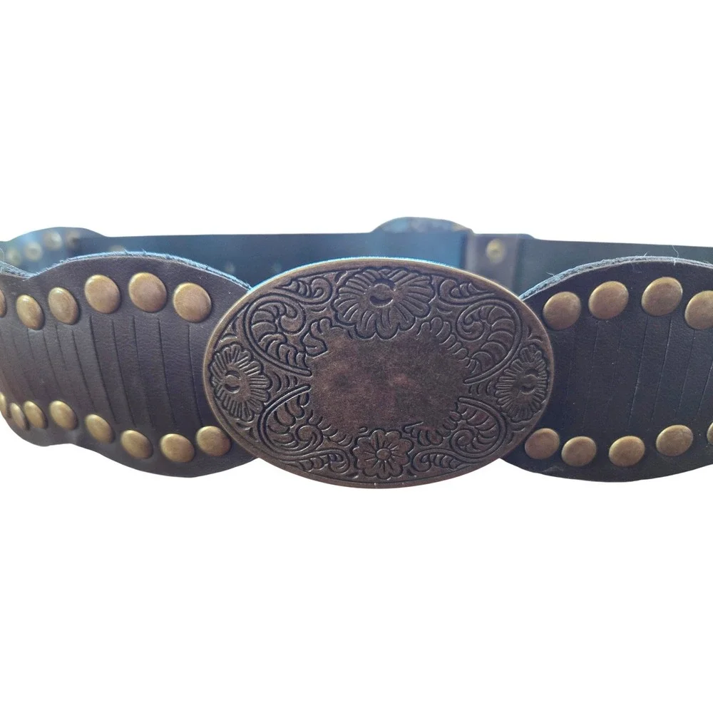 Bohemian, Prairie Ornate Floral Brass Medallions & Studded Leather Belt Sz M